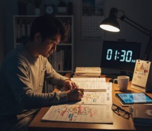深夜の書斎で集中して社会福祉士の勉強スケジュールを立てる日本人男性。デスクには参考書、タブレット、コーヒーが置かれ、壁にはカレンダーと試験対策の進捗が示されている。