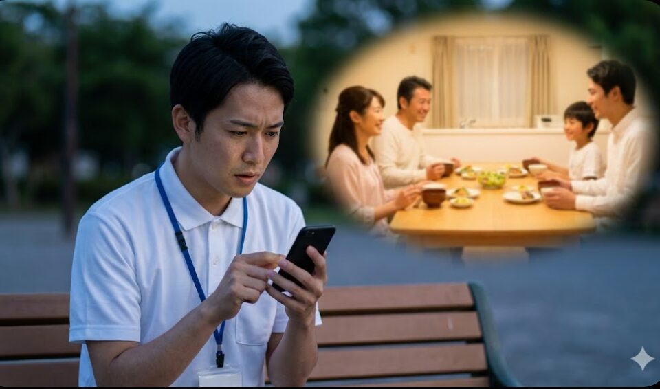 将来に不安を感じスマートフォンを見つめる男性介護福祉士と、その背景に浮かぶ家族との幸せな夕食のイメージ。現状の悩みと目指すべき成功の対比。