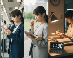 社会福祉士の勉強に励む日本人女性のコラージュ。電車内でのスマートフォン学習、ランチ休憩中のタブレット学習、そして夜の自宅でのテキスト学習の様子。