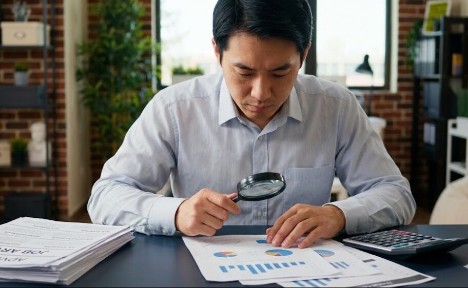 求人票や統計データの数字を虫眼鏡を使って真剣に分析する日本人男性。給与の平均値の罠やトリックを見抜く専門的な姿。