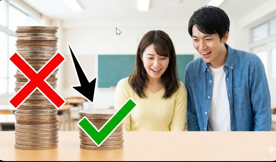 実務者研修の定価とキャンペーン価格の差を比較した図。高い積まれたコインの山に「×」、低い山に「✓」がついており、大きな割引で受講料が安くなることを日本人の男女が喜んでいる様子。