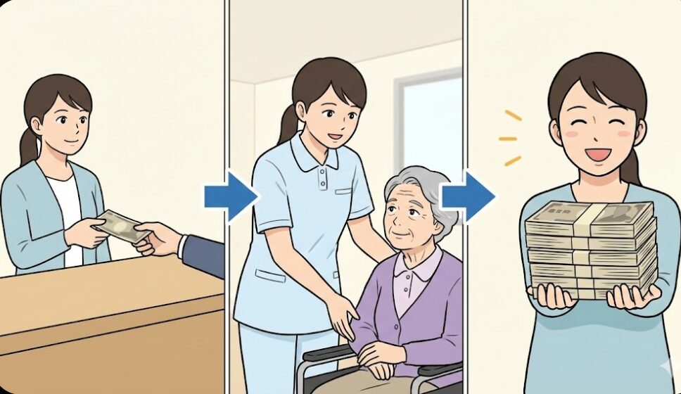 受講料が実質0円になるキャッシュバック制度の流れを示すイラスト。受講申し込み時の支払い、介護施設での就業、そして受講料が返金される様子を3段階のステップで表現。