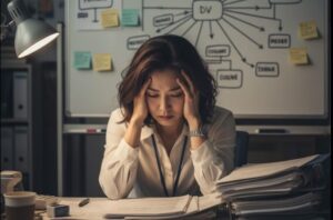 深夜のオフィスで、書類の山に囲まれ頭を抱える日本人女性の社会福祉士。背景のホワイトボードには、複雑な社会問題が絡み合う図が描かれており、精神的負担の大きさを象徴している。