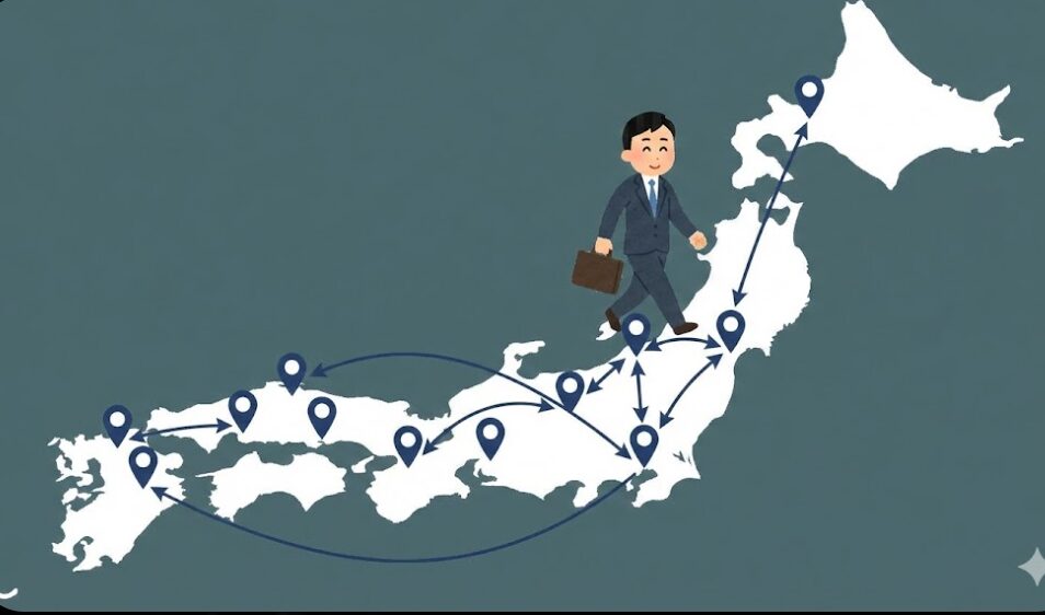 全国に広がる教室ネットワークと柔軟な振替制度を示す日本地図のイラスト。多数の拠点ピンが矢印で結ばれ、ビジネスマンが自由に移動しながら受講できる様子を表現。