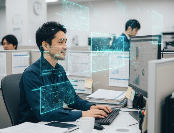 オフィスでパソコンに向かい笑顔で作業する日本人男性。彼を取り囲むように青いAI技術のホログラムが表示され、AIスキルを活用して業務を効率化する様子を描いている。