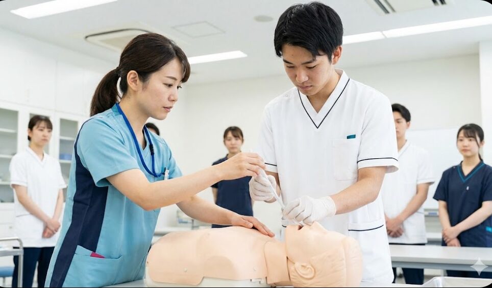 実務者研修における医療的ケアの演習風景。日本人講師の指導のもと、受講生がシミュレーター人形を使って喀痰吸引の実技を真剣に学んでいる様子。