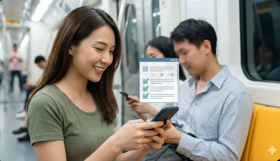 通勤中の電車内で、スマートフォンを使ってWeb学習システムで課題をこなす日本人女性の様子。スキマ時間を活用した効率的な学習スタイルを表現。