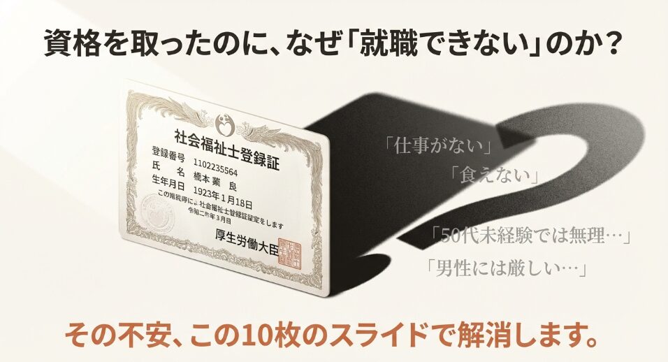 社会福祉士登録証の画像とともに、「仕事がない」「食えない」「50代未経験では無理」といった就職への不安な声が記載されたスライド 。