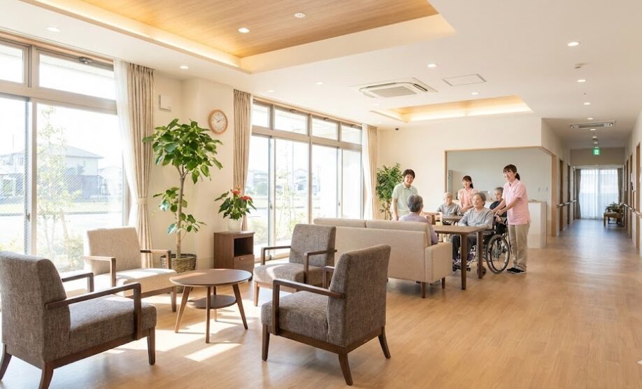 清潔で広々とした、近代的で明るい特別養護老人ホーム（特養）または有料老人ホームの内観。高待遇なTier1施設の快適な職場環境。