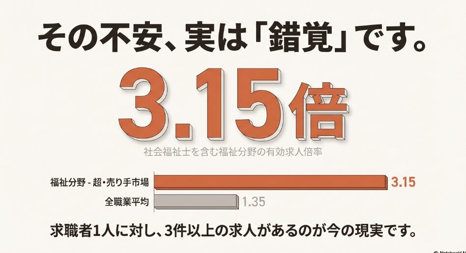 福祉分野の有効求人倍率が3.15倍であり、全職業平均の1.35倍と比較して非常に高い「超・売り手市場」であることを示す数値グラフ