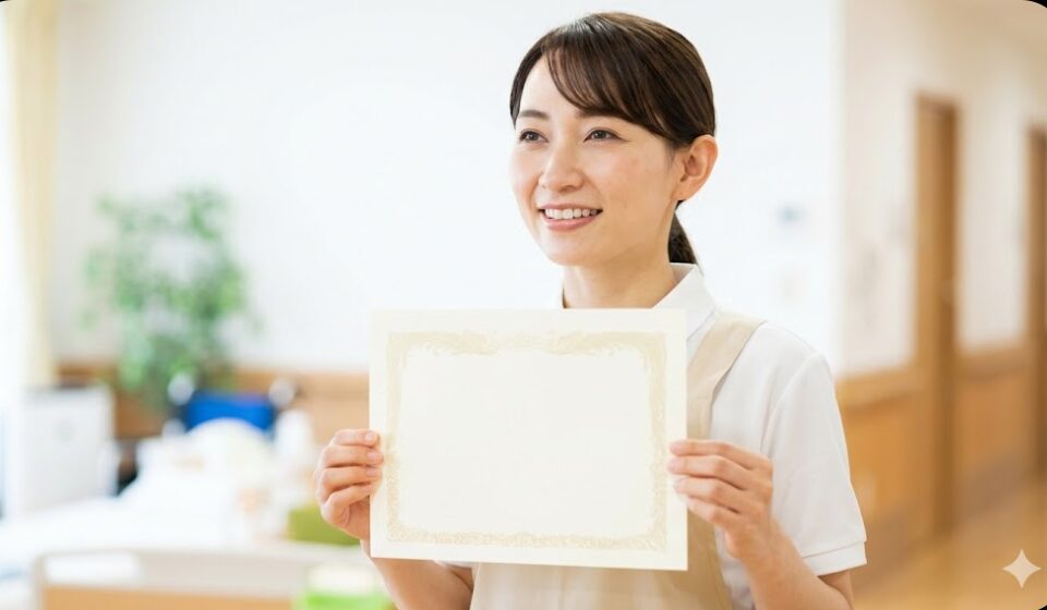 介護施設で、修了証書を手に自信に満ちた笑顔を見せる日本人女性介護職員。資格取得によって得られた自信と希望ある未来を象徴的に表現。