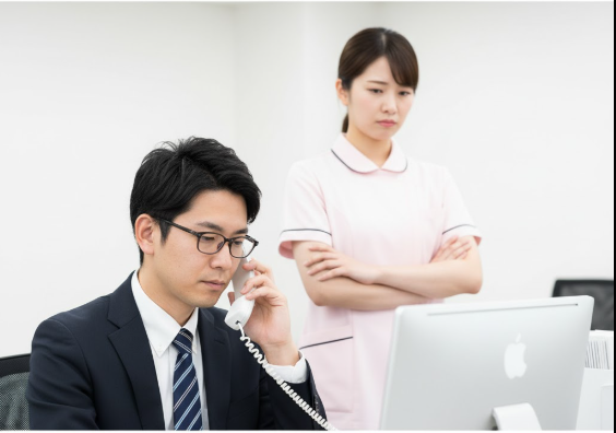オフィスで電話対応に追われる日本人男性の社会福祉士。その後ろには腕を組み、不満げな表情で立つ日本人女性の看護師がおり、多職種連携における調整業務の難しさと摩擦を表している。