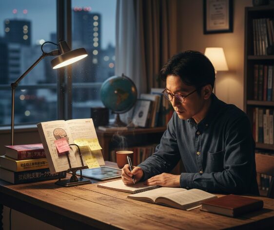 夜、デスクで社会福祉士の参考書を開き、真剣に学習するアジア人男性。そばには温かい飲み物があり、集中した学習環境が伝わる。