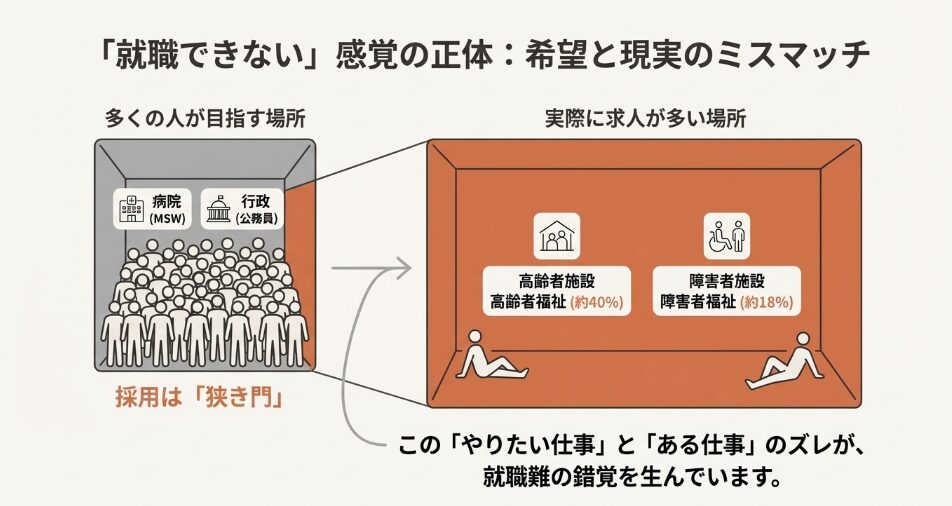 多くの人が目を目指す「病院（MSW）」や「行政」が狭き門であるのに対し、実際の求人は「高齢者福祉（約40%）」や「障害者福祉（約18%）」に多いというズレを解説する図 。
