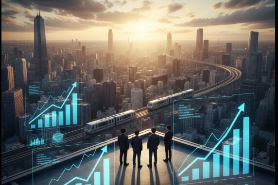 都市のビル群を見下ろす屋上に立つ日本人ビジネスパーソンのグループ。彼らの前には、有効求人倍率が4倍以上であることを示すグラフや「需要爆発」という文字がホログラムで表示され、社会福祉士の将来性の高さを象徴している。