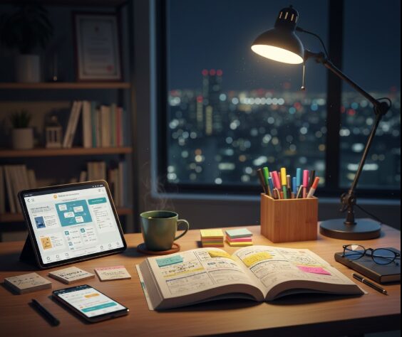 デスクに広げられた社会福祉士の参考書と、隣に置かれた学習アプリが表示されたタブレットとスマートフォン。夜景を背景に、効率的な学習環境が整っている。