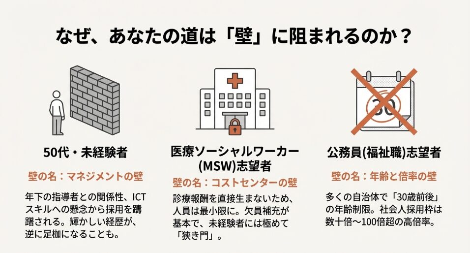 50代・未経験者の「マネジメントの壁」、MSW志望者の「コストセンターの壁」、公務員志望者の「年齢と倍率の壁」の3つを具体的に説明した画像