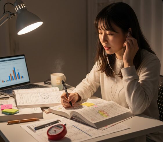 イヤホンをつけながら社会福祉士の参考書に書き込み、五感を活用して勉強するアジア人女性。ノートではなくテキストに直接情報を集約している様子がわかる。