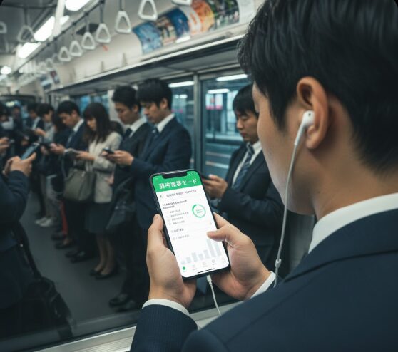 満員電車内でスマートフォンアプリを使って社会福祉士の学習をするアジア人男性。スキマ時間を有効活用する現代的な学習風景。