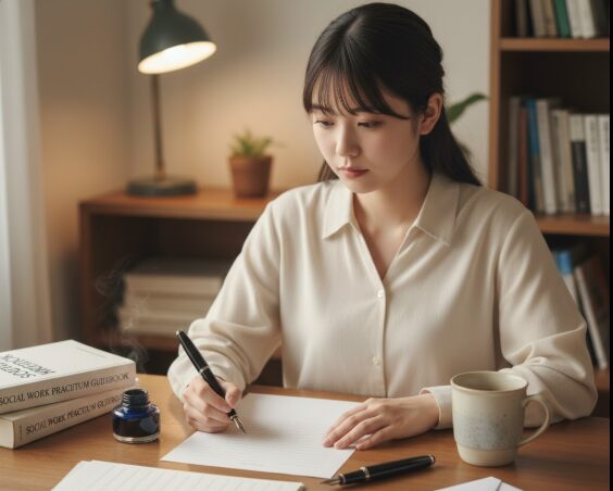 福祉系の大学生が自宅の机で、万年筆と便箋を使って社会福祉士実習のお礼状を真剣に手書きしている様子。机上にはインク瓶や封筒、参考書が置かれ、温かい照明が手元を照らしている。