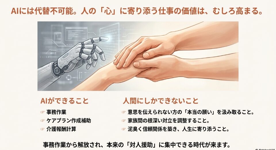 AIが行う事務作業と、人間にしかできない「本当の願いを汲み取ること」「信頼関係構築」などの価値を対比させたイメージ図