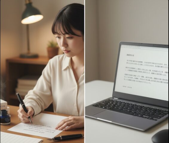 左半分には万年筆で手書きをする日本人女性のクローズアップ、右半分にはノートパソコンの画面に表示された文章が映し出されている。手書きとデジタル作成の比較を表す。