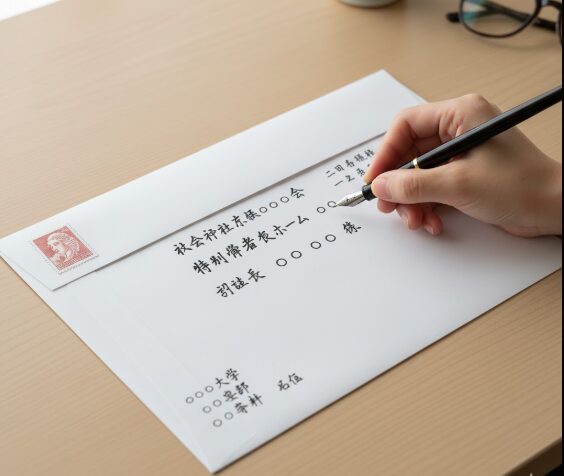 白い封筒に万年筆で「社会福祉法人〇〇会 特別養護老人ホーム〇〇 施設長〇〇様」と縦書きで宛名を書いている日本人女性の手元。左上には切手が貼られ、裏面には差出人情報も書かれている。