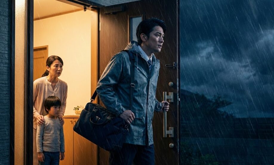 嵐の夜、心配そうな妻と子供を玄関に残し、レインコートを着て災害対応の招集に向かう日本人男性公務員。公務員の責任と家族との別れの辛さ。