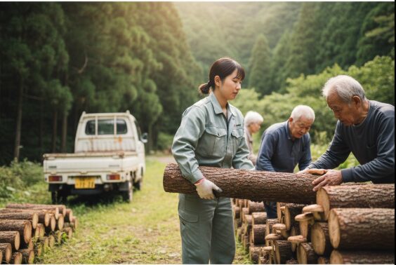 福祉施設の屋外実習で、作業服を着た日本人の学生が、年配の利用者たちと一緒に山中の木材（しいたけ原木）を運ぶ作業をしている。軽トラックが背景に見え、共同作業の様子を表現している。