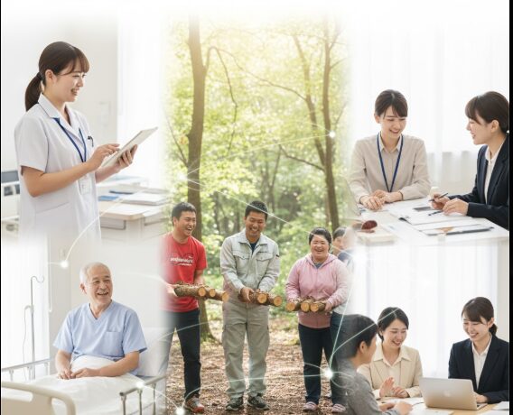 病院でタブレットを持つ看護師、森で丸太を運ぶ人々、オフィスで話す社会福祉士、ベッドに座る高齢者患者、会議室で働く専門職など、社会福祉士の実習現場の多様性を表現したコラージュ。