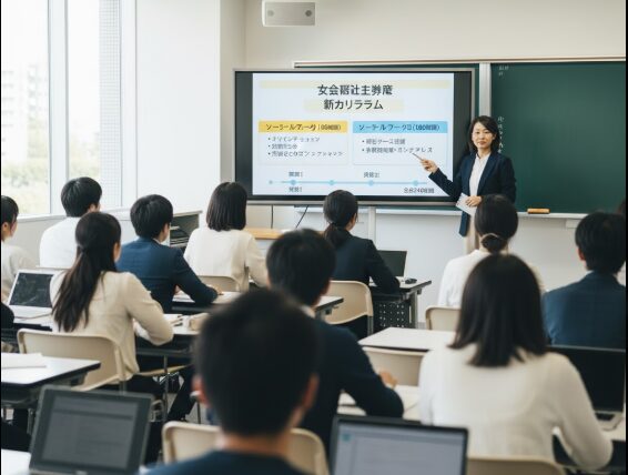 大学の講義室で、社会福祉士の新カリキュラムについてスクリーンを指しながら説明する日本人講師と、真剣に聞く多くの学生たち