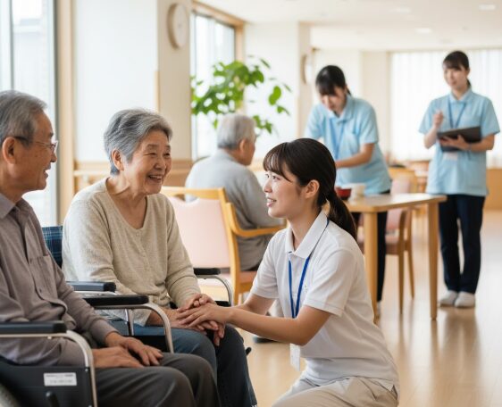 明るい高齢者施設のラウンジで、車椅子の高齢男性と椅子に座る高齢女性に寄り添い、笑顔で会話する日本人介護士。後方には他の職員も見える。