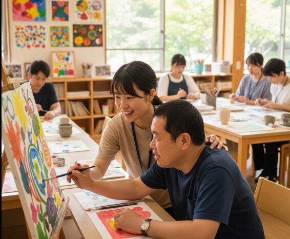 障害者支援施設のアートワークショップで、絵を描く利用者と、その肩に手を置き優しく指導する日本人支援員の女性。