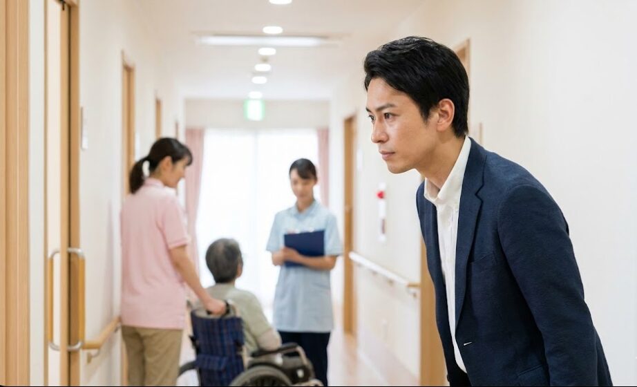 施設見学中に、職員の表情や職場の雰囲気を真剣にチェックしている私服の日本人男性。ホワイト企業を見極めるための観察眼。
