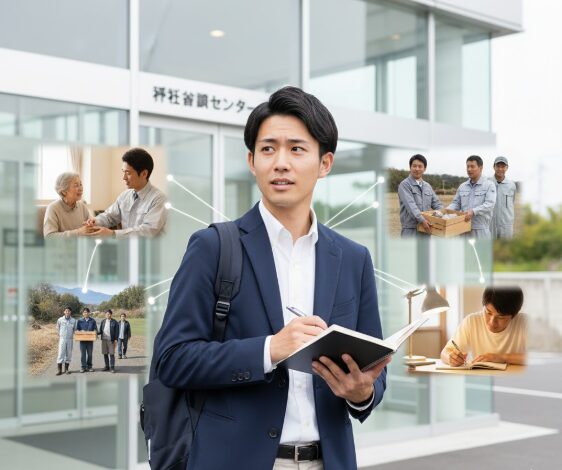 社会福祉士の実習生が、デスクでの記録作業と、現場での利用者とのコミュニケーションや介護補助を経験している様子をコラージュで表現。