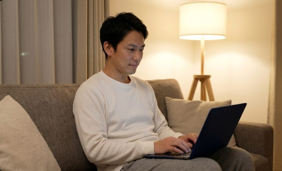 夜のリビングでリラックスしながらも、ノートパソコンを開いてWebライティングやブログ執筆の副業に取り組む日本人男性。自宅で稼ぐ新しい働き方。