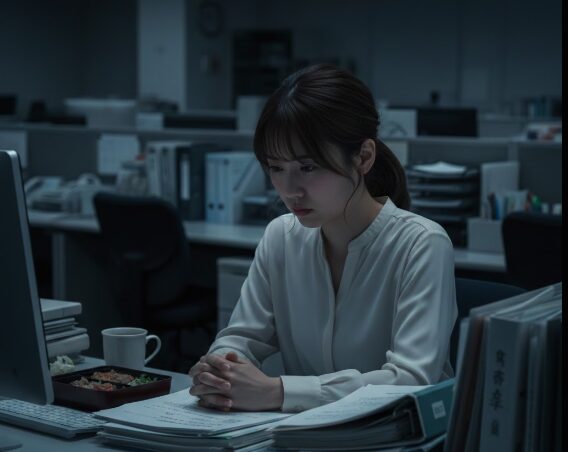 深夜のオフィスで一人、書類の山を前に疲弊した様子の日本人女性社会福祉士が机に手を組み、考え込んでいる。彼女の表情は憂鬱で、目の前のPC画面は暗く、未開封の弁当とコーヒーカップが置かれている。