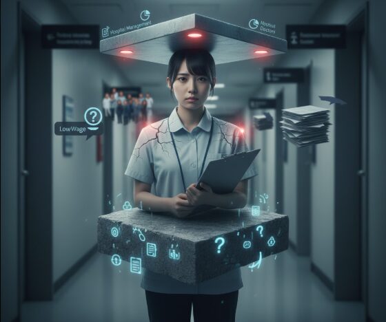 病院の廊下に立つ若い日本人女性の社会福祉士。彼女は上から「病院経営」「医師」の重圧、下から「低賃金」「業務量」「複雑な課題」といった構造的な問題に挟まれ、疲弊している様子がシンボリックに表現されている。