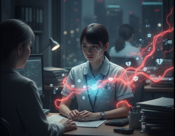 カウンセリングの場面で、日本人女性の社会福祉士がクライエントの苦しみに深く共感し、感情的なエネルギーが彼女の心身に流れ込んでいる様子が、赤と青の光のエフェクトで表現されている。背景には夜景が広がるオフィス。