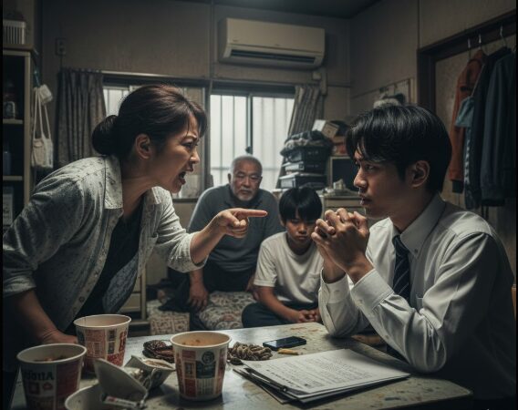 薄暗い日本の狭い居室で、生活保護世帯を訪問中の若い日本人男性ケースワーカーが、女性から強い口調で非難されている場面。男性は困惑しつつも耐えており、後ろには無力な高齢男性と少年が座っている。テーブルにはカップ麺の容器が散乱している。