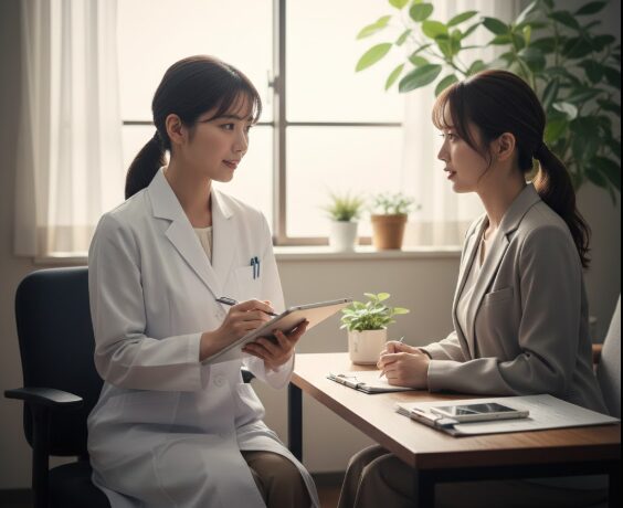明るい窓辺の部屋で、白衣を着た日本人女性の産業医が、スーツ姿の日本人女性社会福祉士の話をタブレットにメモしながら熱心に聞いている。双方が真剣な表情で向き合っており、信頼関係が感じられる