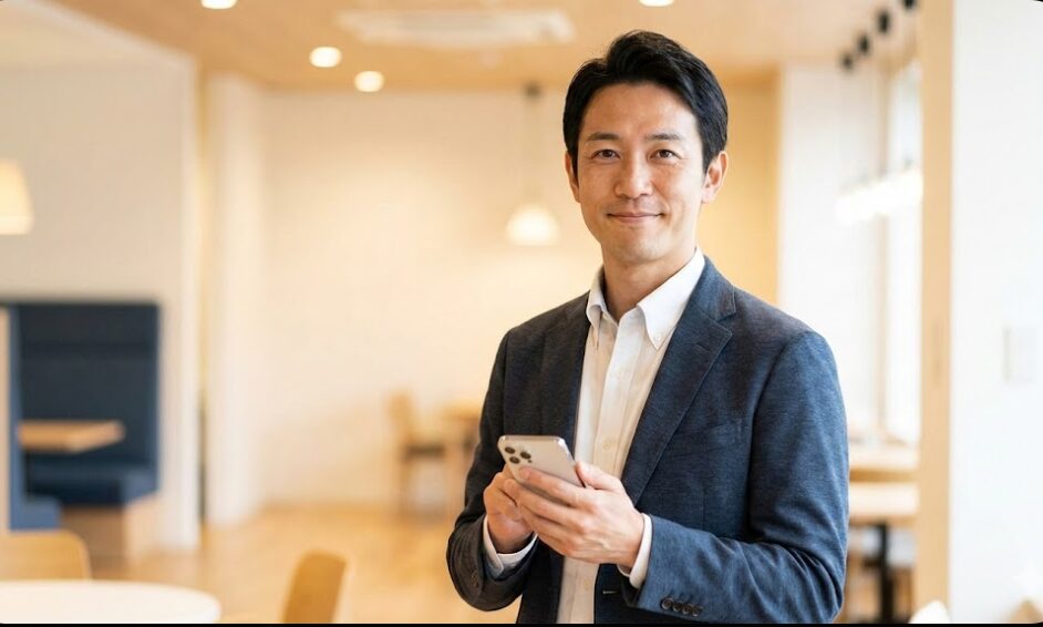 福祉・医療業界の経験豊富な日本人男性（運営者イメージ）がスマホを手に持ち、信頼できる笑顔を見せている様子