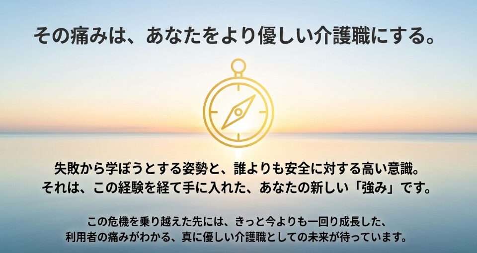 失敗から学ぼうとする姿勢は新しい強みであり、利用者の痛みがわかる真に優しい介護職としての未来を予感させる応援スライド