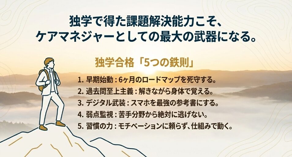 ケアマネジャー独学合格のための5つの鉄則。早期始動、過去問至上主義、デジタル武装、弱点監視、習慣の力をまとめたロードマップ。