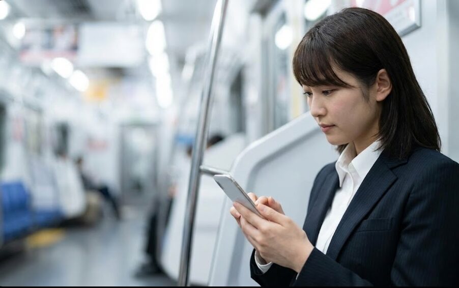 通勤電車内のスキマ時間を活用してスマホアプリで介護福祉士試験の勉強をする日本人女性