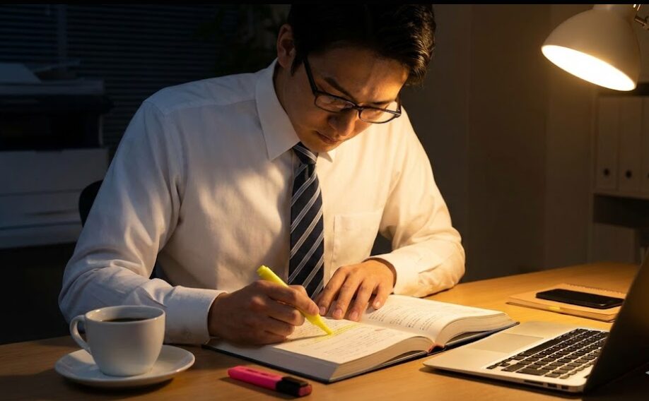 仕事で忙しい中、優先順位をつけて効率的に短期間で試験勉強に取り組む日本人男性