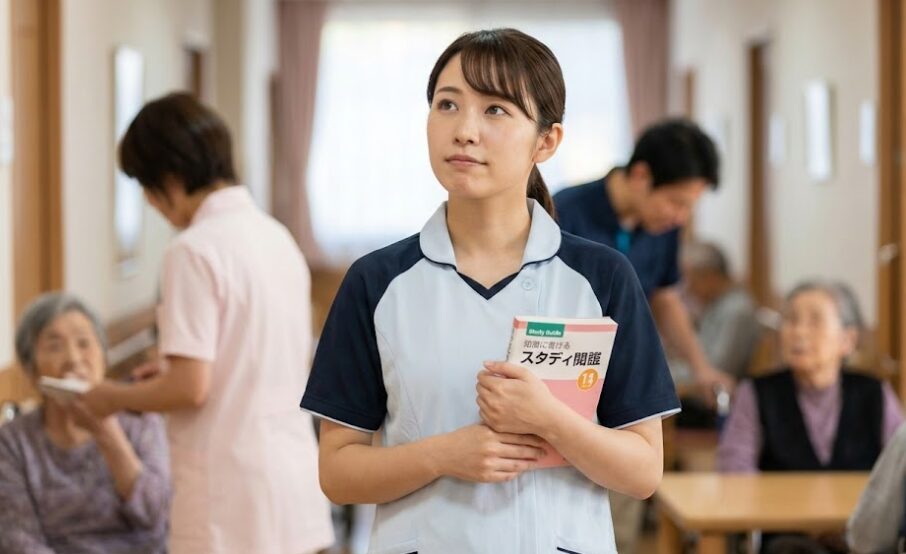 忙しい介護施設の廊下で、仕事の合間に参考書を手に取り、将来のキャリアと試験勉強について考えを巡らせる日本人女性介護士の様子。