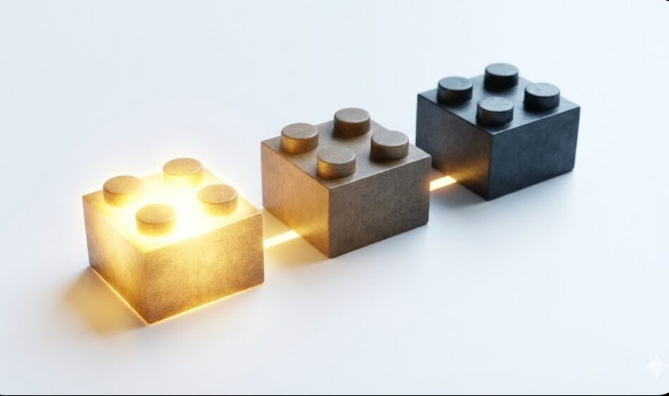 3つの部分に分かれた試験の新制度（パート合格）を概念的に示す図。一つのブロックが達成されて輝き、残りのブロックへとつながっていく様子を表現。