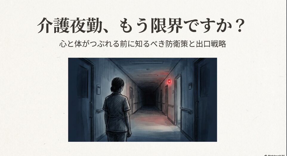 暗い廊下に立つ介護職員の後ろ姿。介護夜勤の限界を感じている人へ向けた、心身を守る防衛策と出口戦略を提案するスライド。