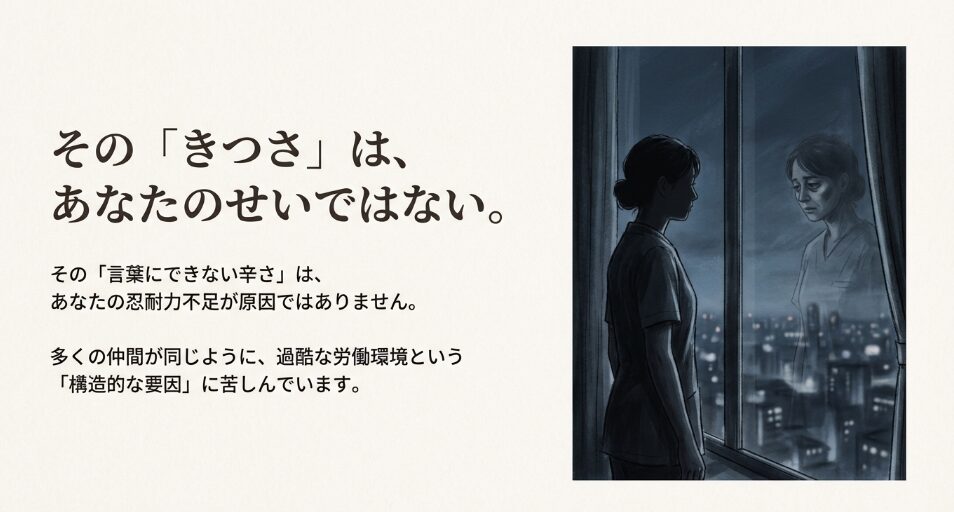 窓に映る疲れ切った表情の職員。夜勤の辛さは忍耐力不足ではなく、過酷な労働環境という構造的要因が原因であることを伝えるスライド。